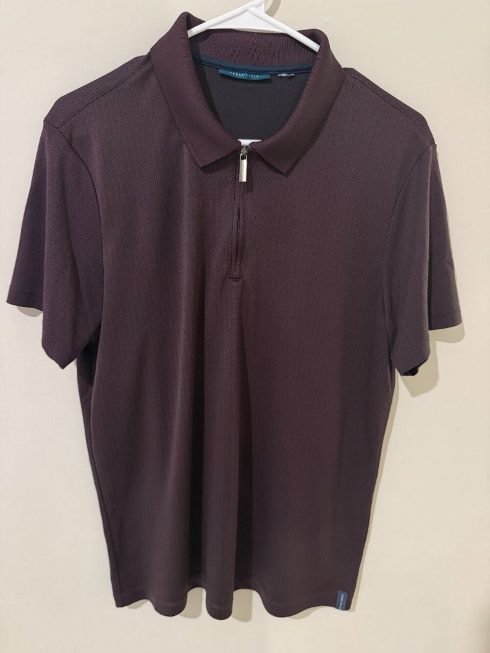 Perry Ellis Men's Quarter Zip Polo Shirt Purple Plum Textured Short Sleeve